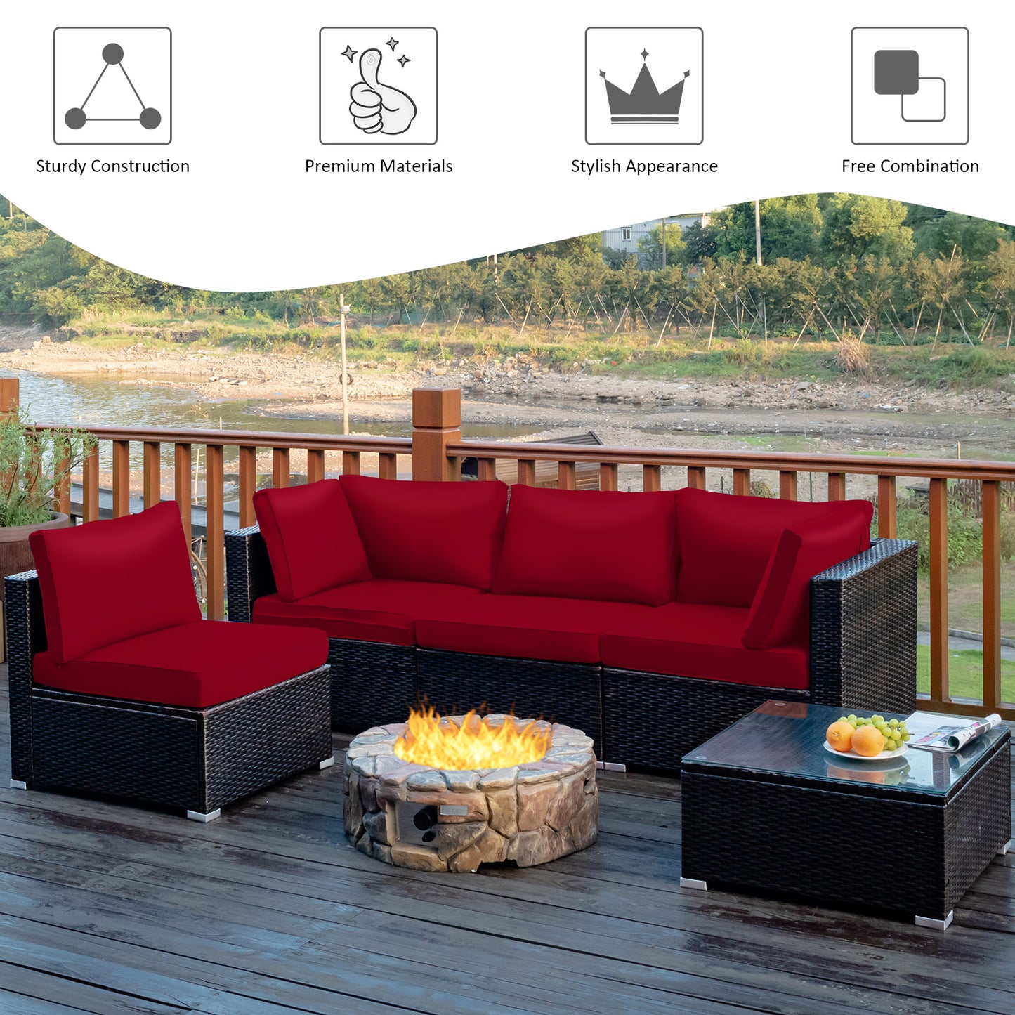Topbuy 6-Piece Patio Furniture Set with 30'' Propane Fire Pit Table Outdoor PE Wicker Conversation Set with Cushions and Tempered Glass Coffee Table Black/Blue/Red/Turquoise/Off White