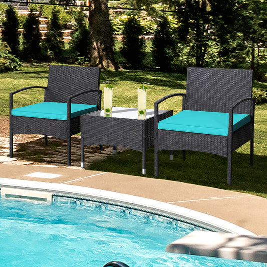 Patiojoy 3 PCS Patio Rattan Cushioned Chair Side Table Set Bistro Set Classic Furniture Single Sofa Thick Cushion for Garden