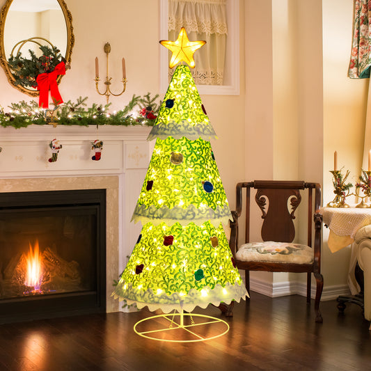 Topbuy 4.6 FT Pop-up Christmas Tree Collapsible Artificial Xmas Tree w/110 Warm Lights Tree Top Star Metal Base Lighted Christmas Decor