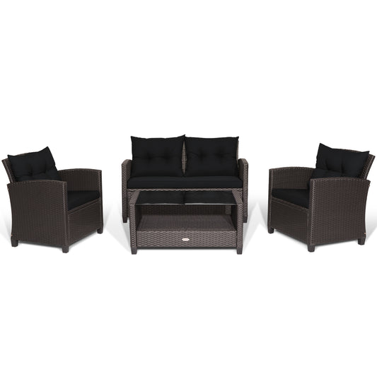 Patiojoy Patio Rattan 4PCS Cushioned Chair Coffee Table Classic Furniture Set Bistro Set Single Sofa with Thick Cushion for Garden Black/Navy/Red/Turquoise