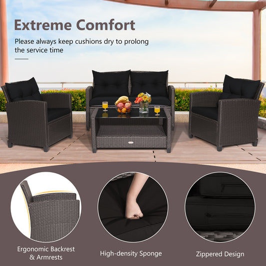 Patiojoy Patio Rattan 4PCS Cushioned Chair Coffee Table Classic Furniture Set Bistro Set Single Sofa with Thick Cushion for Garden Black/Navy/Red/Turquoise