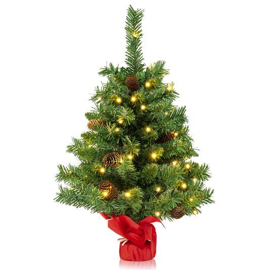 Topbuy 25'' Mini Pre-lit Christmas Tree Tabletop Xmas Tree w/50 LED Lights 8 Light Modes 8 Pine Cones Cement Base