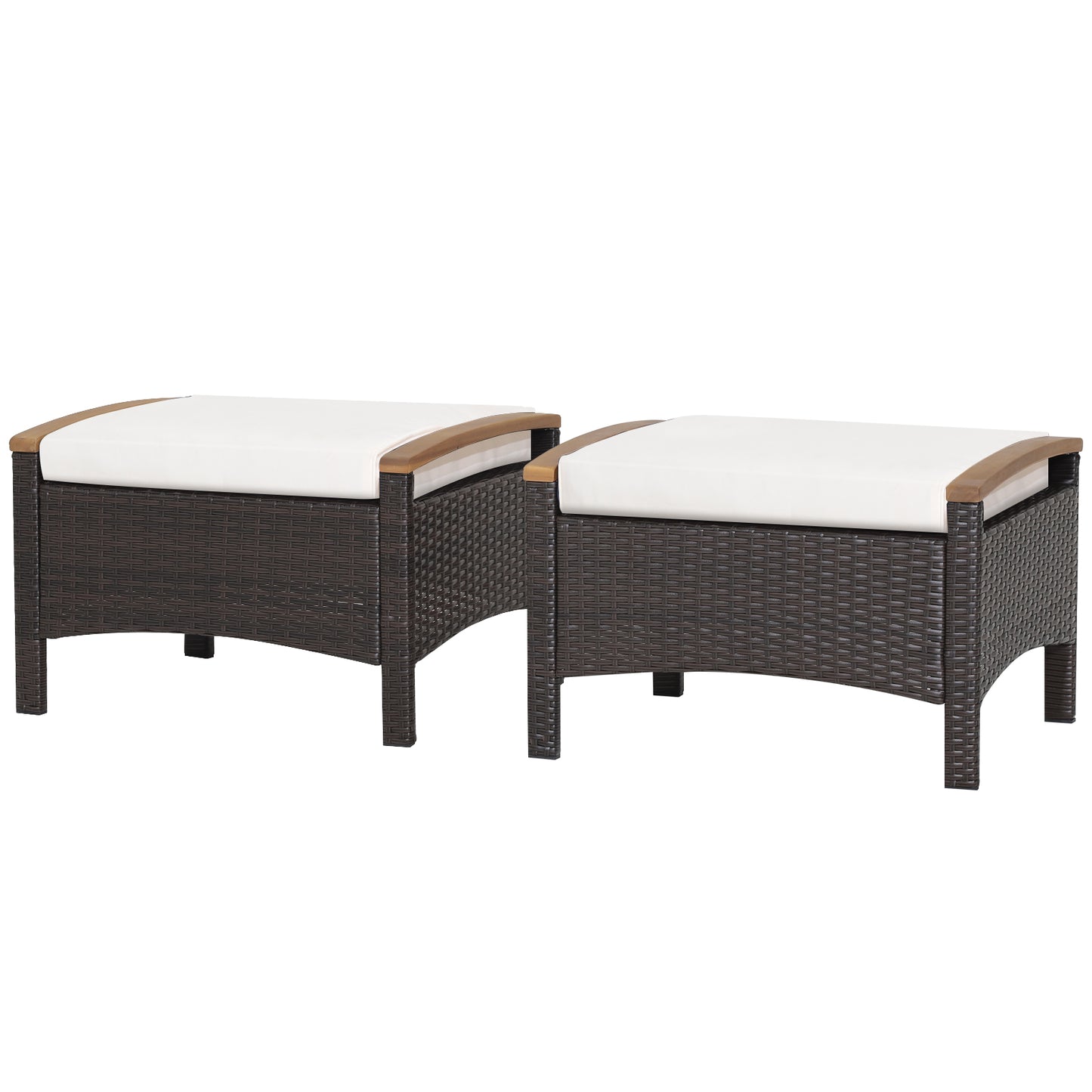 Topbuy Outdoor PE Wicker Ottoman Set of 2 Patio Rattan Footrest Seat with Soft Cushions & Curved Acacia Wood Handles Beige/Navy Blue/Red/Off White