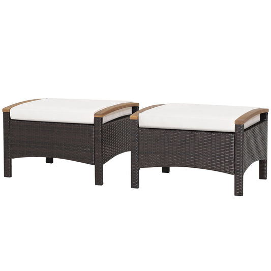 Topbuy Outdoor PE Wicker Ottoman Set of 2 Patio Rattan Footrest Seat with Soft Cushions & Curved Acacia Wood Handles Beige/Navy Blue/Red/Off White