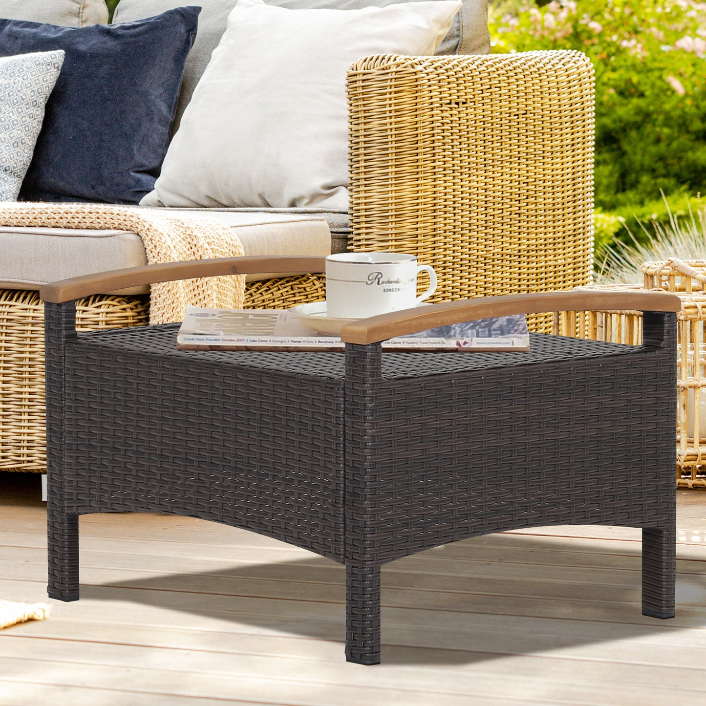 Topbuy Outdoor PE Wicker Ottoman Set of 2 Patio Rattan Footrest Seat with Soft Cushions & Curved Acacia Wood Handles Beige/Navy Blue/Red/Off White
