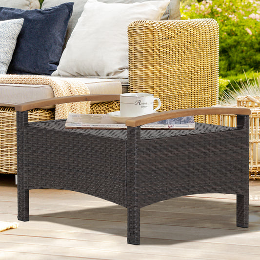 Topbuy Outdoor PE Wicker Ottoman Set of 2 Patio Rattan Footrest Seat with Soft Cushions & Curved Acacia Wood Handles Beige/Navy Blue/Red/Off White