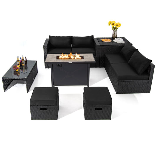 Topbuy 9 Pieces Outdoor PE Rattan Wicker Sectional Sofa with 42'' 60,000 BTU Gas Fire Pit Table Space-Saving Patio Conversation Set with Storage Box Black/Grey/Navy Blue/Red/Turquoise/Off White