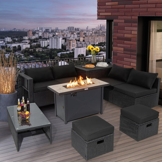 Topbuy 9 Pieces Outdoor PE Rattan Wicker Sectional Sofa with 42'' 60,000 BTU Gas Fire Pit Table Space-Saving Patio Conversation Set with Storage Box Black/Grey/Navy Blue/Red/Turquoise/Off White