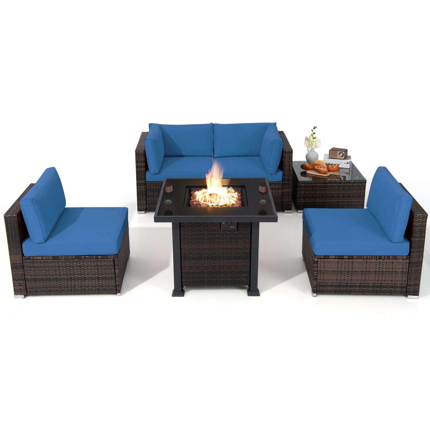 Topbuy 6 Piece Patio Wicker Conversation Set, Outdoor Rattan Sofa Set w/ 32'' Propane Fire Pit Table, 50,000 BTU Heat, Tempered Glass Tabletop Black/Navy Blue/Red/Turquoise/Off White