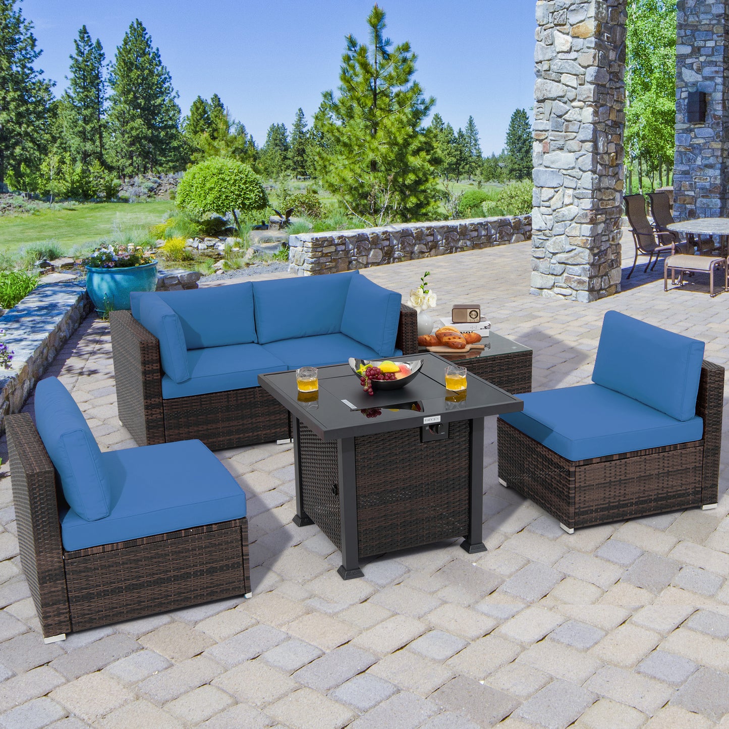Topbuy 6 Piece Patio Wicker Conversation Set, Outdoor Rattan Sofa Set w/ 32'' Propane Fire Pit Table, 50,000 BTU Heat, Tempered Glass Tabletop Black/Navy Blue/Red/Turquoise/Off White