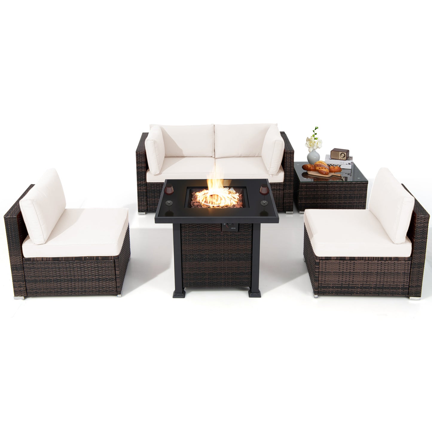 Topbuy 6 Piece Patio Wicker Conversation Set, Outdoor Rattan Sofa Set w/ 32'' Propane Fire Pit Table, 50,000 BTU Heat, Tempered Glass Tabletop Black/Navy Blue/Red/Turquoise/Off White