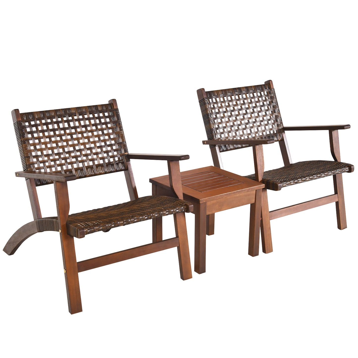 Topbuy 3 Pieces Outdoor Eucalyptus Wood Bistro Set Modern Hand-Woven PE Wicker Conversation Set