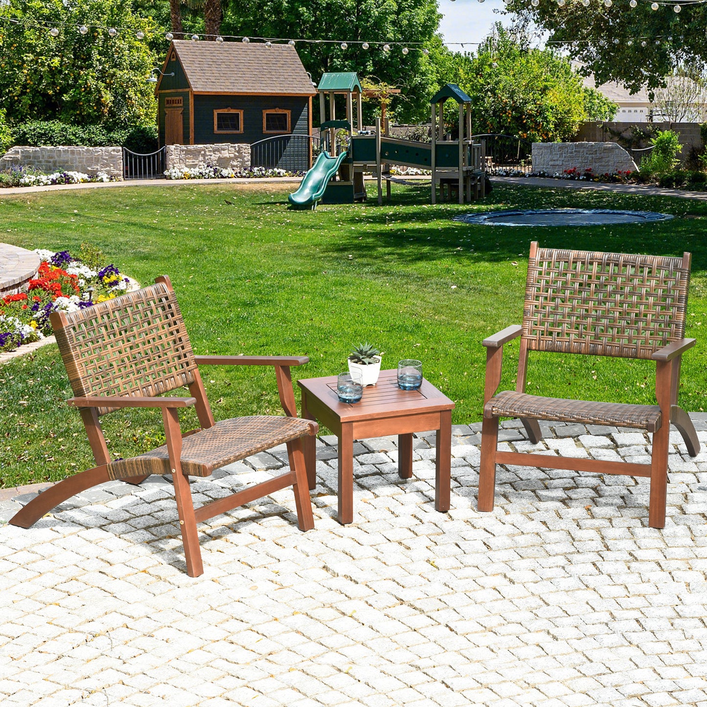Topbuy 3 Pieces Outdoor Eucalyptus Wood Bistro Set Modern Hand-Woven PE Wicker Conversation Set