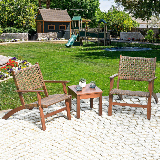 Topbuy 3 Pieces Outdoor Eucalyptus Wood Bistro Set Modern Hand-Woven PE Wicker Conversation Set