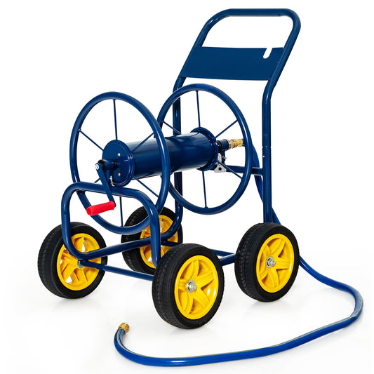 Topbuy 4-Wheel Garden Water Hose Reel Cart, Heavy Duty Wheel Water Planting Cart with Non-slip Crank Handle, Outdoor Slide Hose Guide System