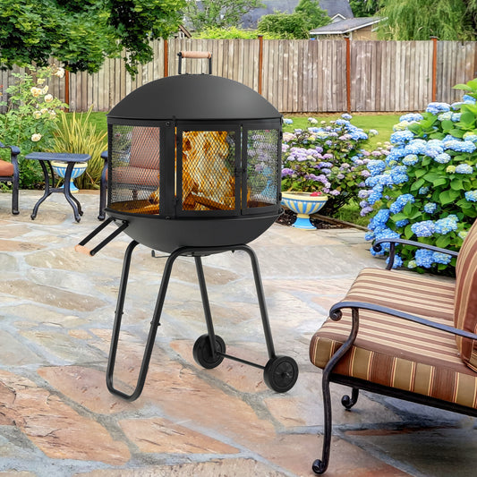 Topbuy Portable Fire Pit with Wheels 28 Inch Wood Burning Fire Pit with Log Grate Poker Rolling Patio Fireplace Wooden Bonfire Firepit for Outdoor Entertaining