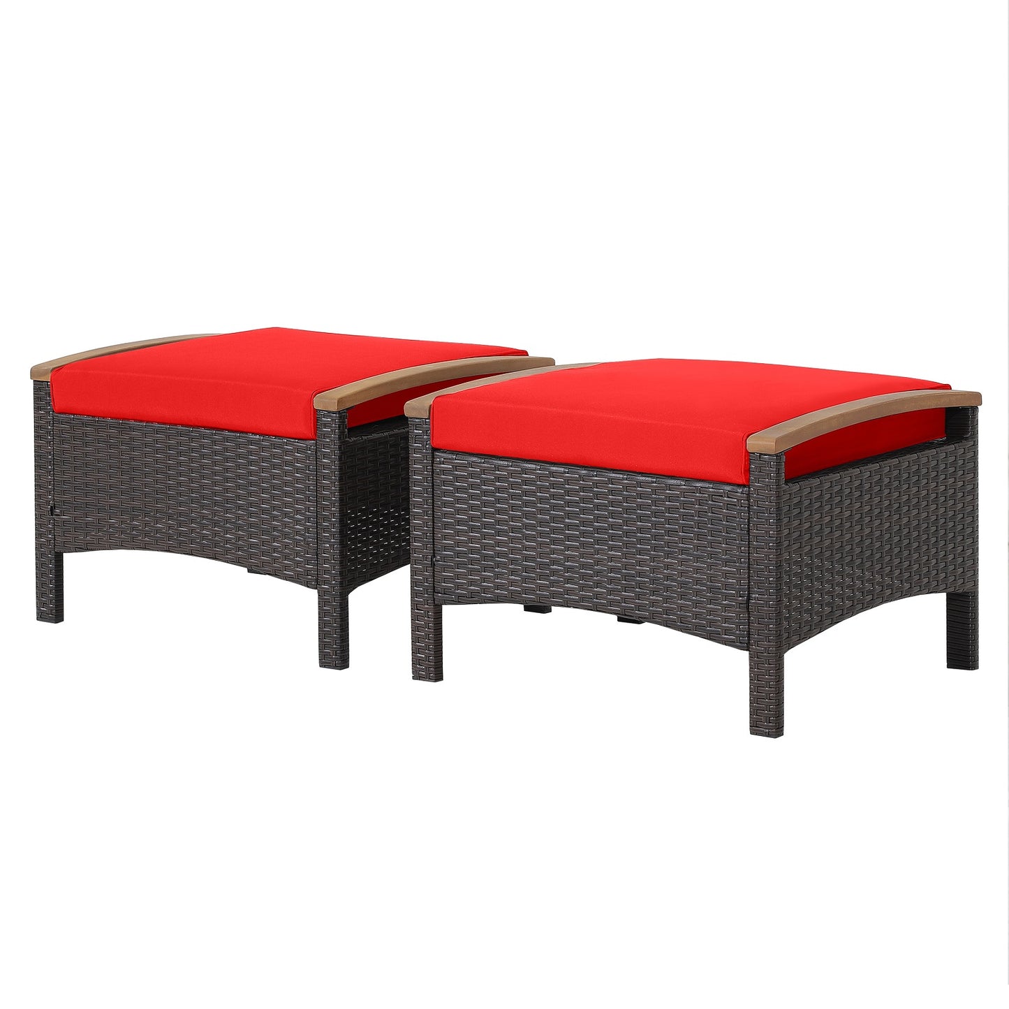 Topbuy Outdoor PE Wicker Ottoman Set of 2 Patio Rattan Footrest Seat with Soft Cushions & Curved Acacia Wood Handles Beige/Navy Blue/Red/Off White