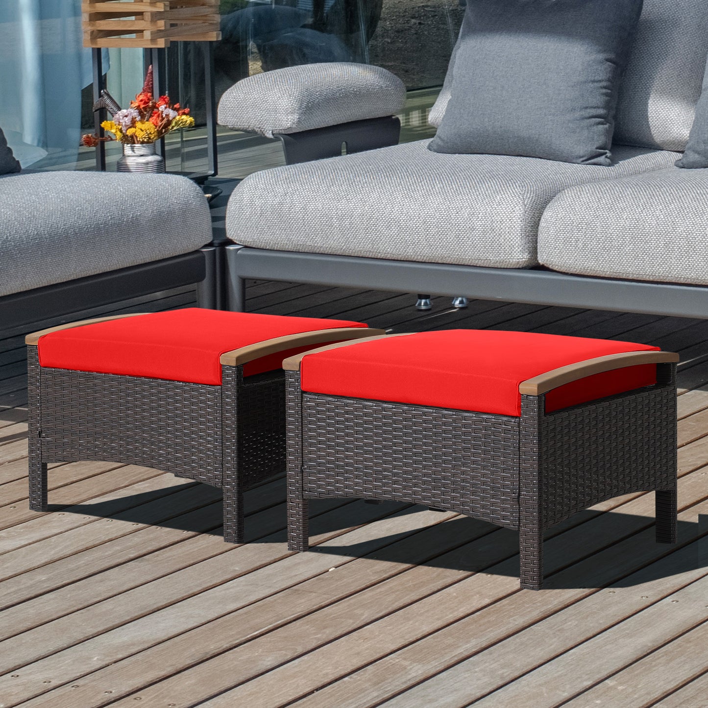 Topbuy Outdoor PE Wicker Ottoman Set of 2 Patio Rattan Footrest Seat with Soft Cushions & Curved Acacia Wood Handles Beige/Navy Blue/Red/Off White