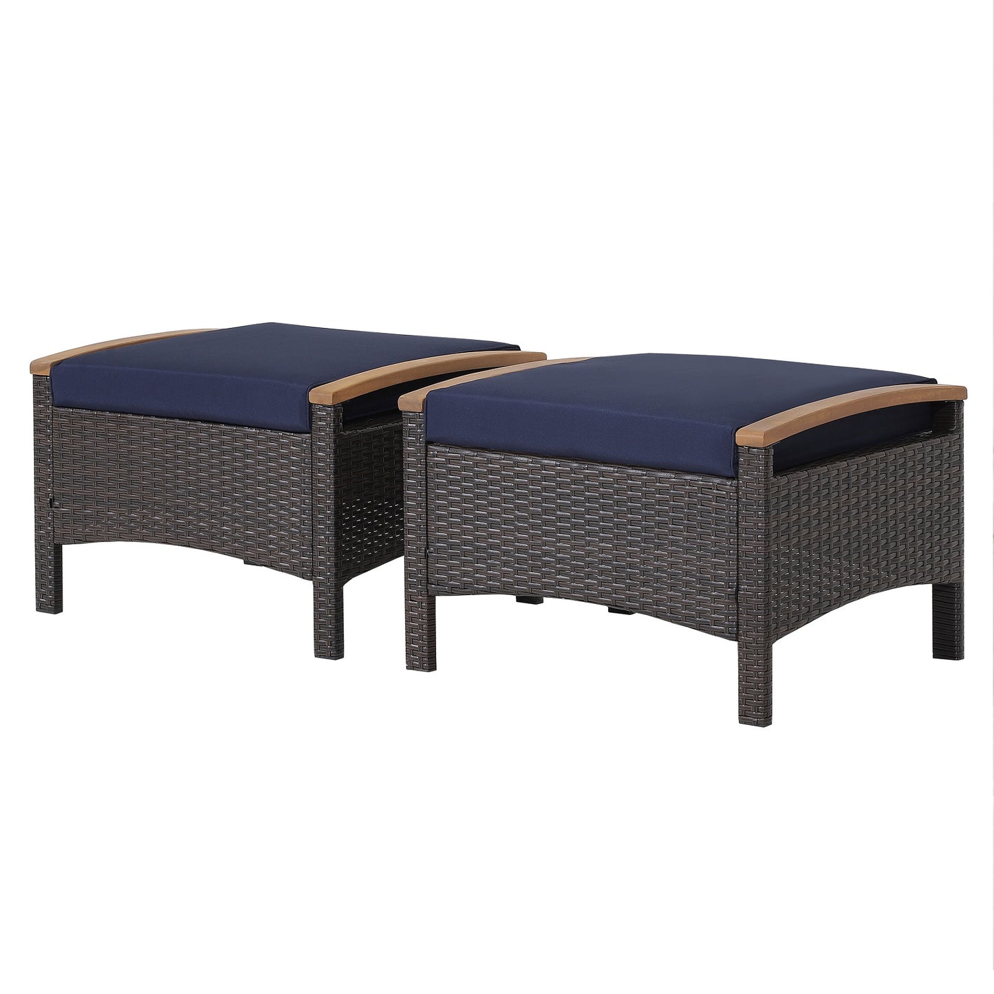 Topbuy Outdoor PE Wicker Ottoman Set of 2 Patio Rattan Footrest Seat with Soft Cushions & Curved Acacia Wood Handles Beige/Navy Blue/Red/Off White