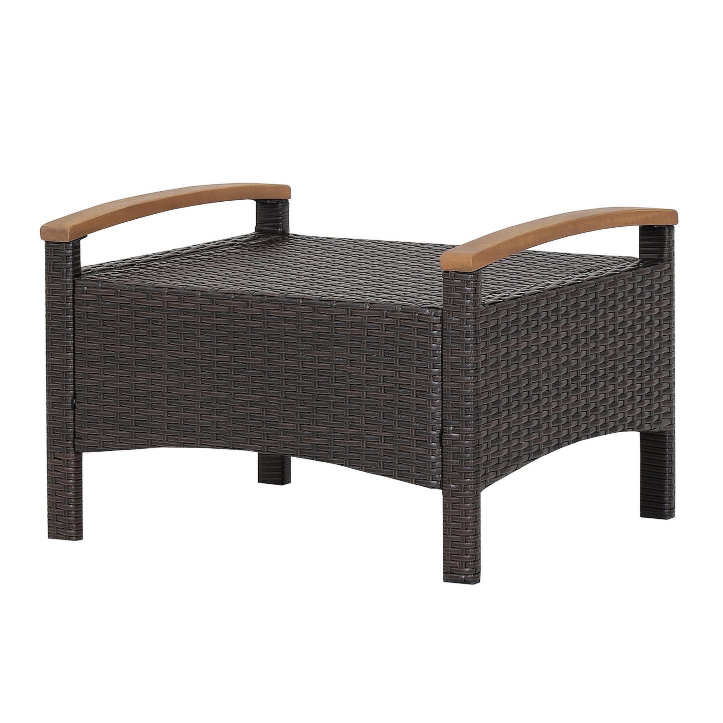 Topbuy Outdoor PE Wicker Ottoman Set of 2 Patio Rattan Footrest Seat with Soft Cushions & Curved Acacia Wood Handles Beige/Navy Blue/Red/Off White