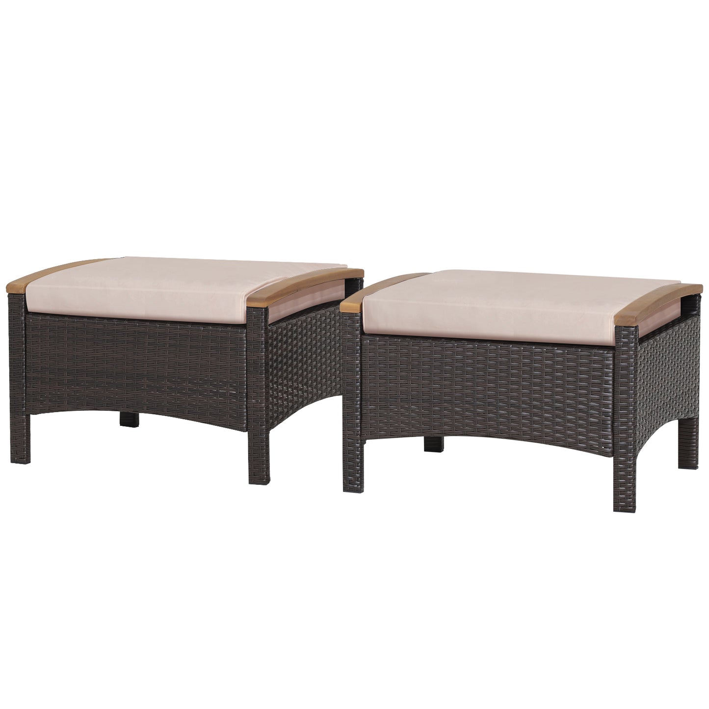 Topbuy Outdoor PE Wicker Ottoman Set of 2 Patio Rattan Footrest Seat with Soft Cushions & Curved Acacia Wood Handles Beige/Navy Blue/Red/Off White