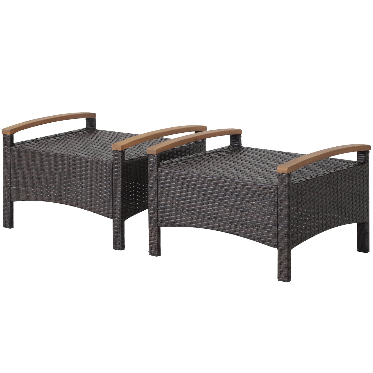 Topbuy Outdoor PE Wicker Ottoman Set of 2 Patio Rattan Footrest Seat with Soft Cushions & Curved Acacia Wood Handles Beige/Navy Blue/Red/Off White