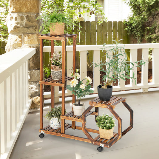 Topbuy 6 Tier 6 Potted Plant Stand Rack 100% Pine Wood Flower Pot Holder Shelf Multi-Layer Flower Stand with Wheels