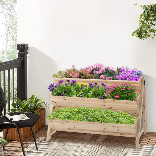 Topbuy Safstar 3-Tier Vertical Garden Bed Wooden Elevated Planter Bed W/ Legs Storage Shelf 2 Hooks Raised Bed Kit