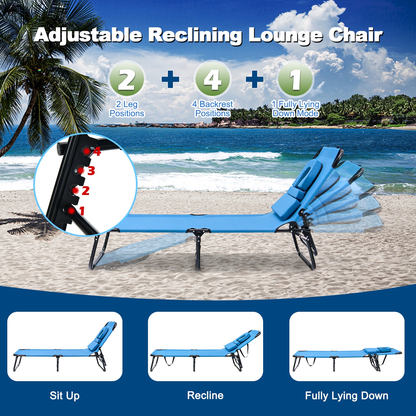 Topbuy Beach Chaise Lounge Chair Adjustable Face Down Tanning Chair w/ Face Hole and Removable Pillow 5 Adjustable Positions