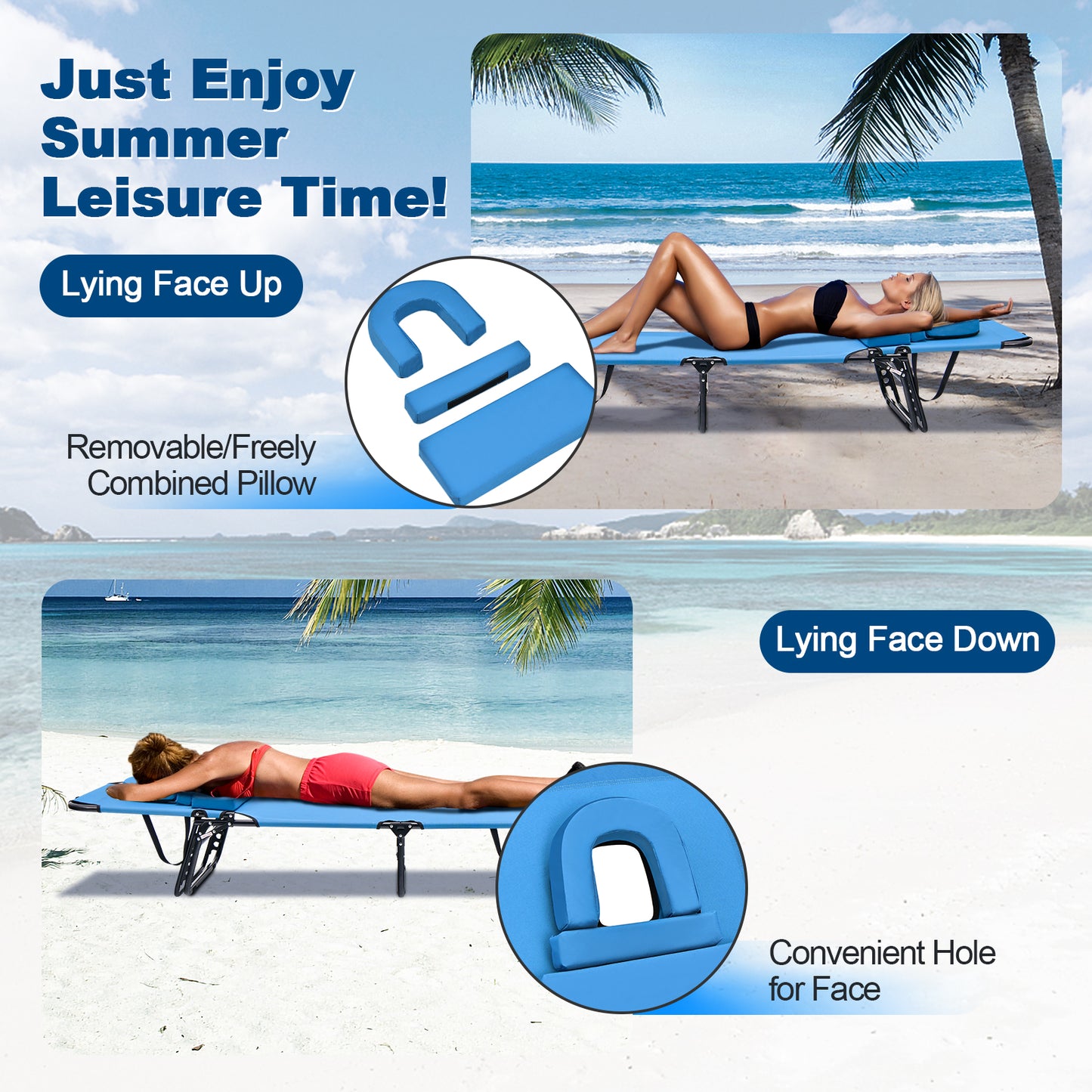 Topbuy Beach Chaise Lounge Chair Adjustable Face Down Tanning Chair w/ Face Hole and Removable Pillow 5 Adjustable Positions
