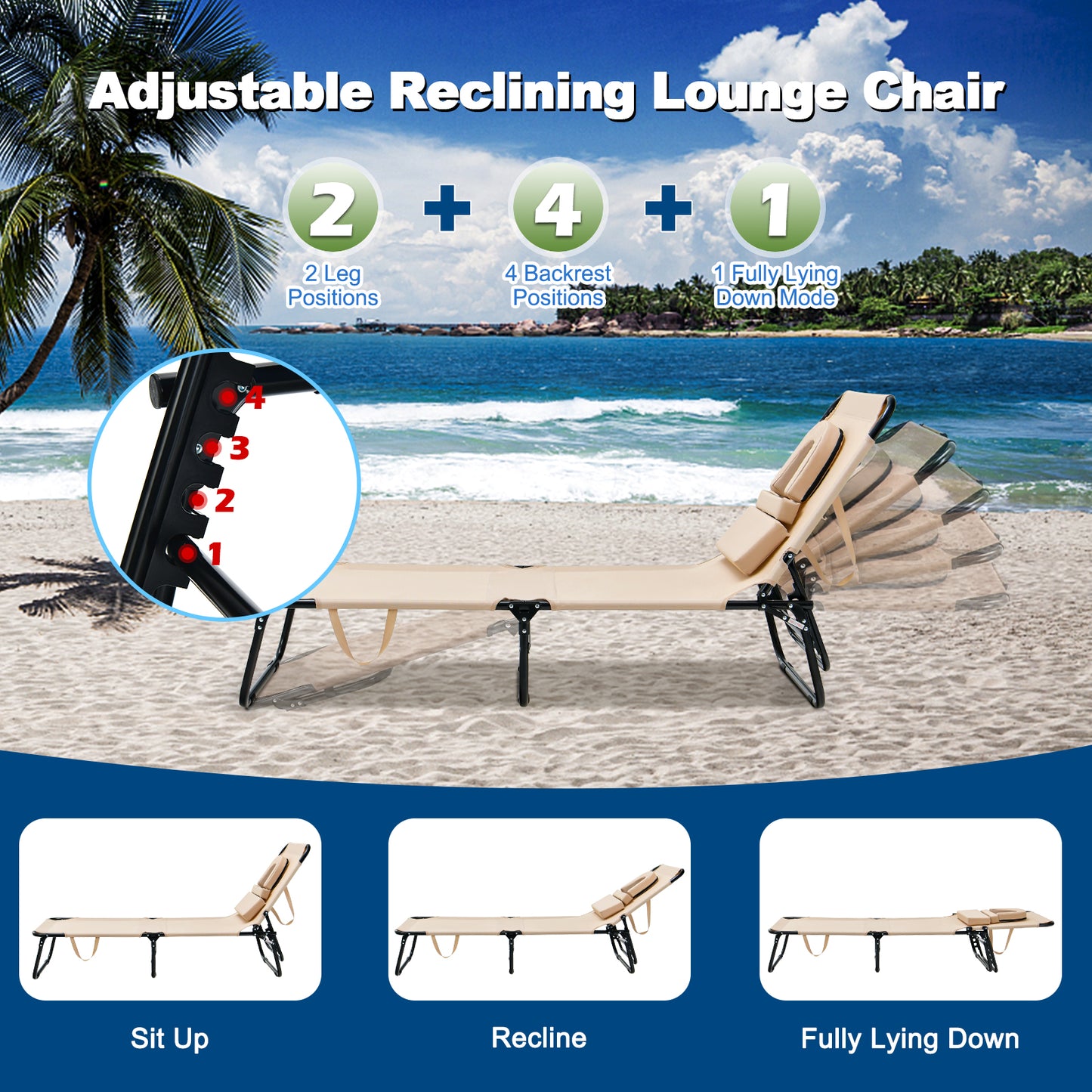 Topbuy Beach Chaise Lounge Chair Adjustable Face Down Tanning Chair w/ Face Hole and Removable Pillow 5 Adjustable Positions
