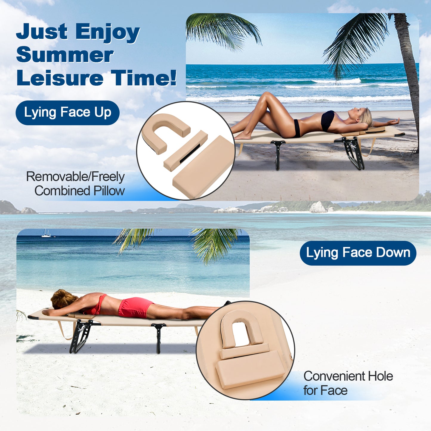 Topbuy Beach Chaise Lounge Chair Adjustable Face Down Tanning Chair w/ Face Hole and Removable Pillow 5 Adjustable Positions