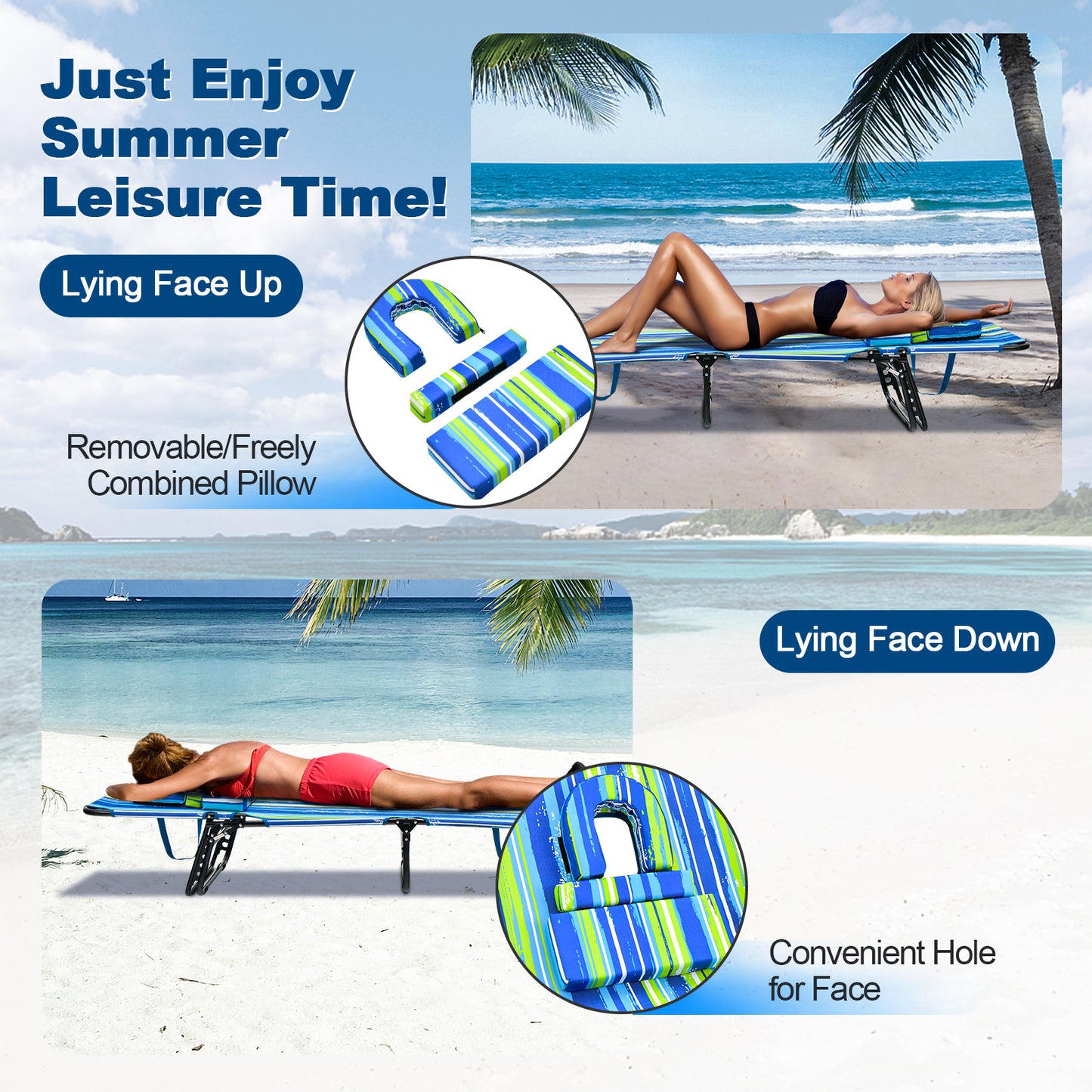 Topbuy Beach Chaise Lounge Chair Adjustable Face Down Tanning Chair w/ Face Hole and Removable Pillow 5 Adjustable Positions