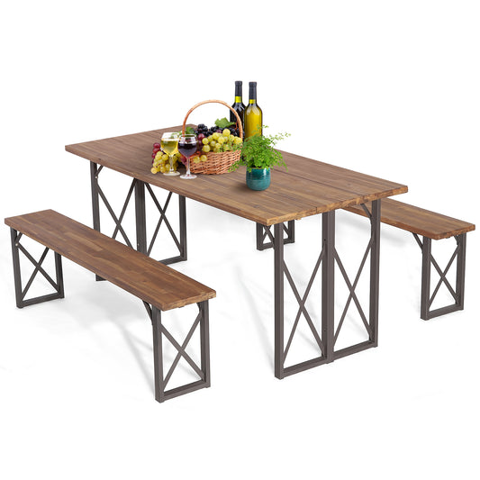 Topbuy 3 Piece Patio Picnic Table Bench Set, Outdoor Camping Table Set w/ Acacia Wood Tabletop & Seat 2'' Umbrella Hole