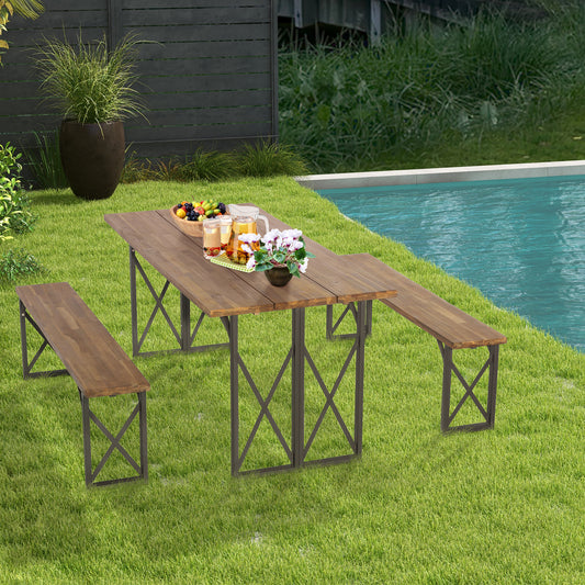 Topbuy 3 Piece Patio Picnic Table Bench Set, Outdoor Camping Table Set w/ Acacia Wood Tabletop & Seat 2'' Umbrella Hole
