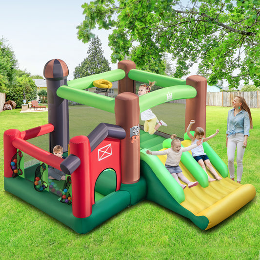 Patiojoy Inflatable Bounce 6-in-1 Bouncer Castle w/ Double Slides Jump Area Ocean Balls Basketball Rim for Kids Aged 3+ Indoor/Outdoor (without Blower)