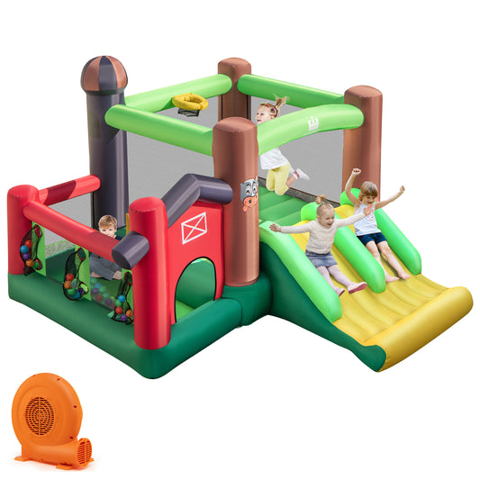 Patiojoy Inflatable Bounce House with 750W Blower 6-in-1 Bouncer Castle w/ Double Slides Jump Area Ocean Balls Basketball Rim for Kids Aged 3+ Indoor/Outdoor