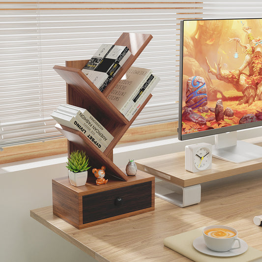 Topbuy Tree-shaped Bookshelf 5-Tier Free Standing Bookcase with Pull-out Drawer 24inch Retro Storage Rack for CDs