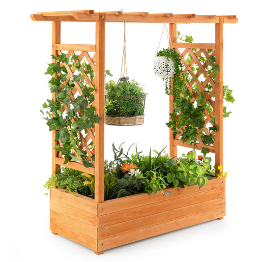 Patiojoy Raised Garden Bed with Trellis Indoor & Outdoor Planter Box with Top & Side Trellis Drainage Holes Elevated Feet for Vine Climbing Plant