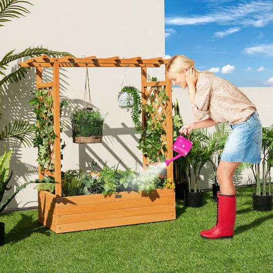 Patiojoy Raised Garden Bed with Trellis Indoor & Outdoor Planter Box with Top & Side Trellis Drainage Holes Elevated Feet for Vine Climbing Plant