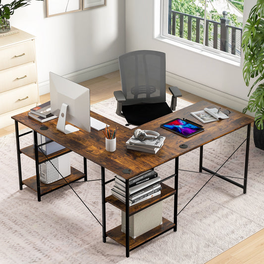 Topbuy Large L-shaped Computer Desk 60inch Convertible Corner Desk with 4 Storage Shelves 95inch 2-Person Long Study Writing Workstation