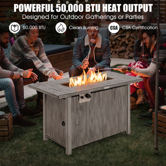 Patiojoy 43'' Propane Fire Pit Table 50,000 BTU Outdoor Propane Gas Fire Table w/ Wood Grain Tabletop Hideaway Tank Storage