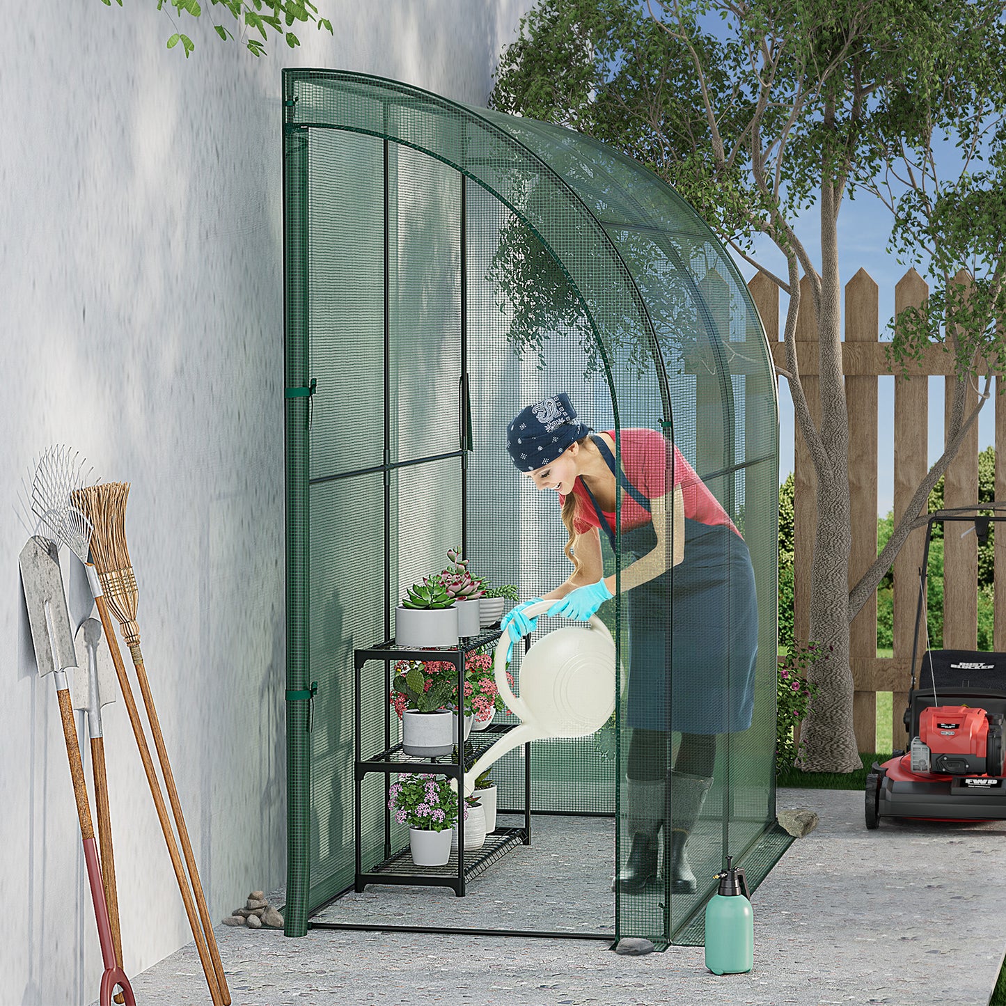 Patiojoy Lean-To Walk-In Greenhouse with Flower Rack 7' x 3.5' x 7' Wall Green House with Roll-Up Doors Waterproof PE Cover & Metal Frame