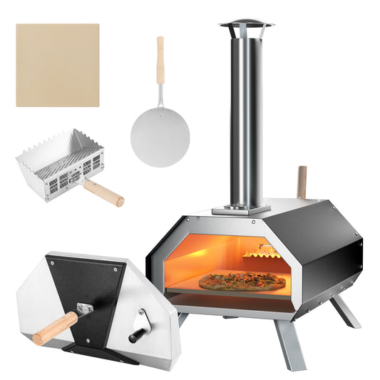 Topbuy 12 Inch Outdoor Pizza Oven Portable Wood Fired Stainless Steel Pizza Grill with Pizza Stone Foldable Legs Thermometer and Pizza Peel