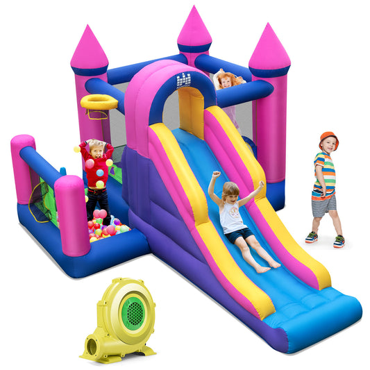 Topbuy Inflatable Bounce Castle 7-in-1 Jumping House with Long Slide Ball Pit Climbing Wall Basketball Hoop Ring-toss Game Pitching Game