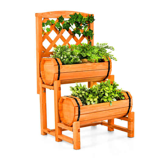 Topbuy 2-Tier Raised Garden Bed with Trellis Wooden Planter Container with 2 Planter Boxes for Climbing Plants Flower Herb Growing