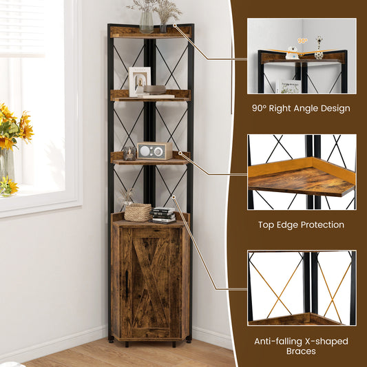 Topbuy 6-tier Corner Shelf with Cabinet 71 Inches Tall Corner Bookshelf with 5-position Adjustable Shelf & Door Free Standing Corner Storage Shelf
