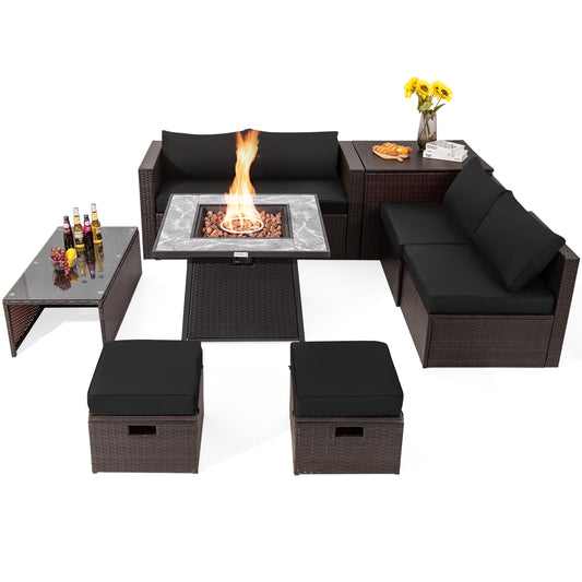 Topbuy 9 Pieces Outdoor Patio Furniture Set with 35-Inch Propane Fire Pit Table Outdoor PE Wicker Space-Saving Sectional Sofa Set with Storage Box and Cushions Black/Gray/Navy/Red/Turquoise/Off White