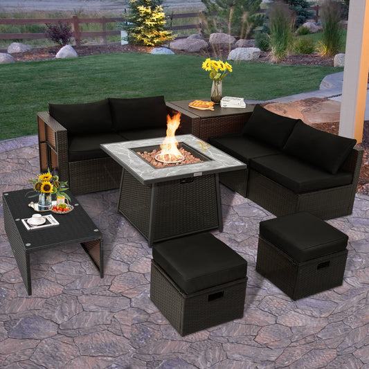Topbuy 9 Pieces Outdoor Patio Furniture Set with 35-Inch Propane Fire Pit Table Outdoor PE Wicker Space-Saving Sectional Sofa Set with Storage Box and Cushions Black/Gray/Navy/Red/Turquoise/Off White