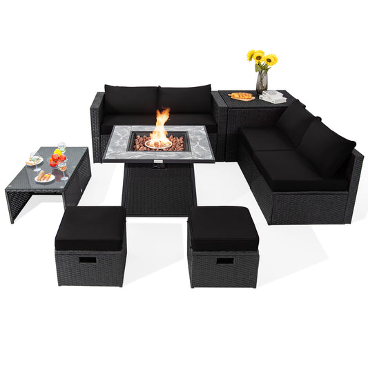 Topbuy 9 Pieces Outdoor PE Rattan Wicker Sectional Sofa with 35-Inch Gas Fire Pit Table Space-Saving Patio Conversation Set with Storage Box Black/Gray/Navy/Red/Turquoise/Off White